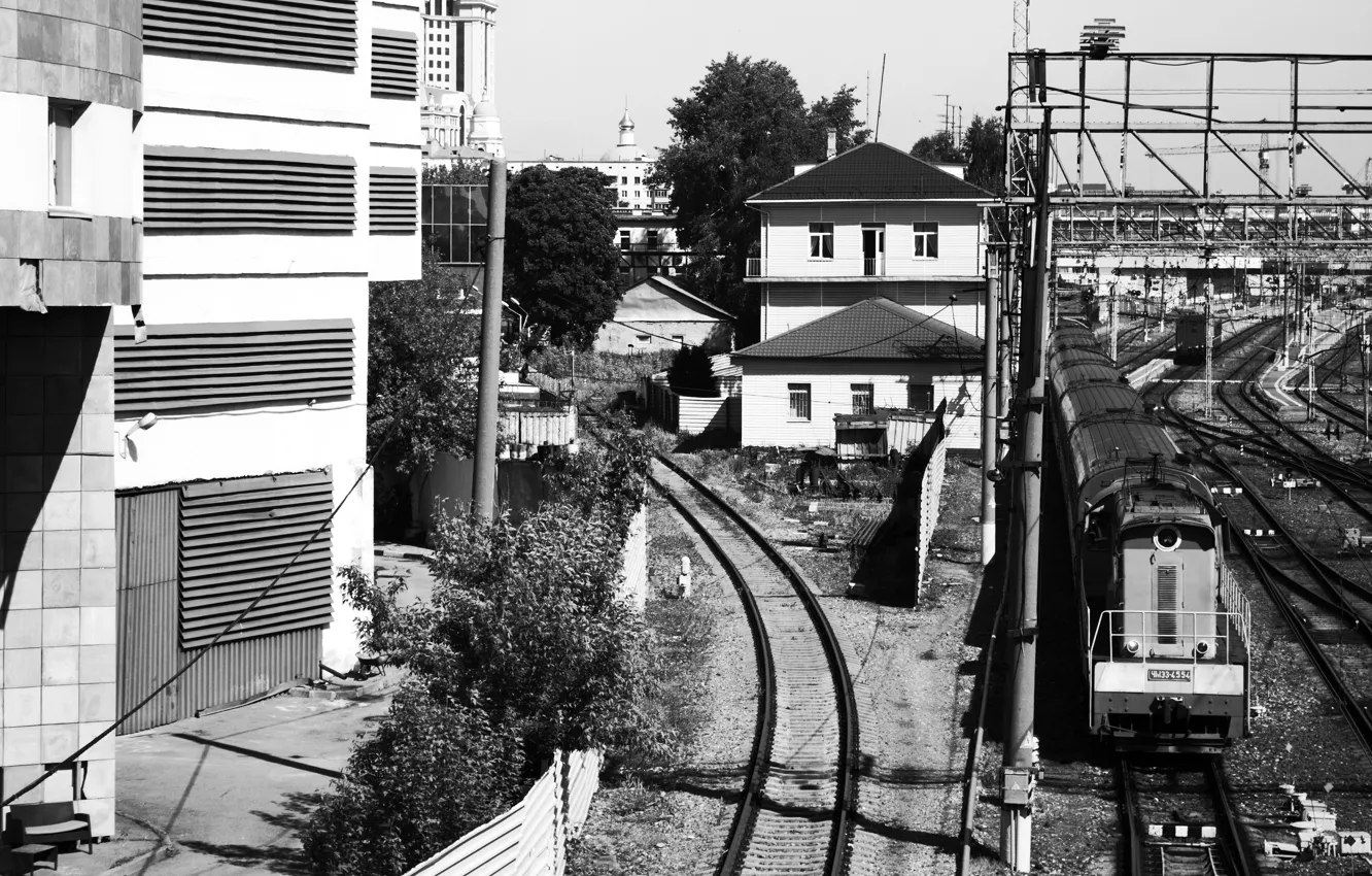 Фото обои дорога, пути, транспорт, рельсы, поезд, черно - белое