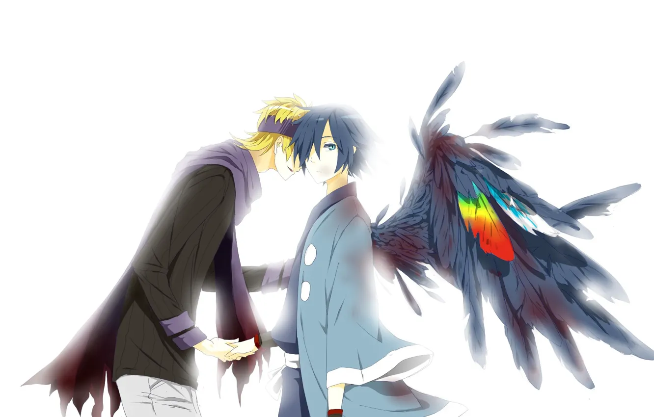 Фото обои перья, шарф, белый фон, Pokemon, чёлка, два парня, держатся за руки, черные крылья