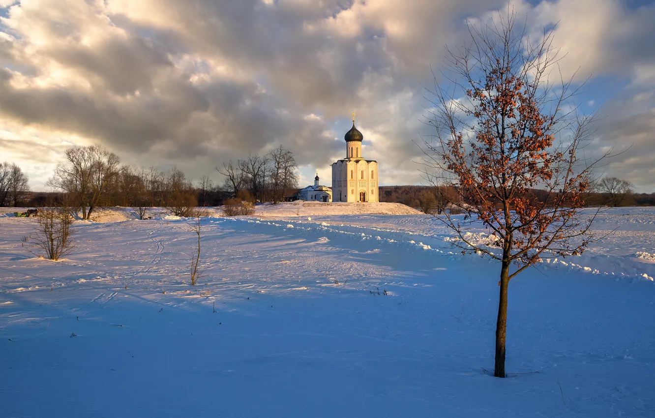 Фото обои снег, церковь, храм, Покрова на Нерли