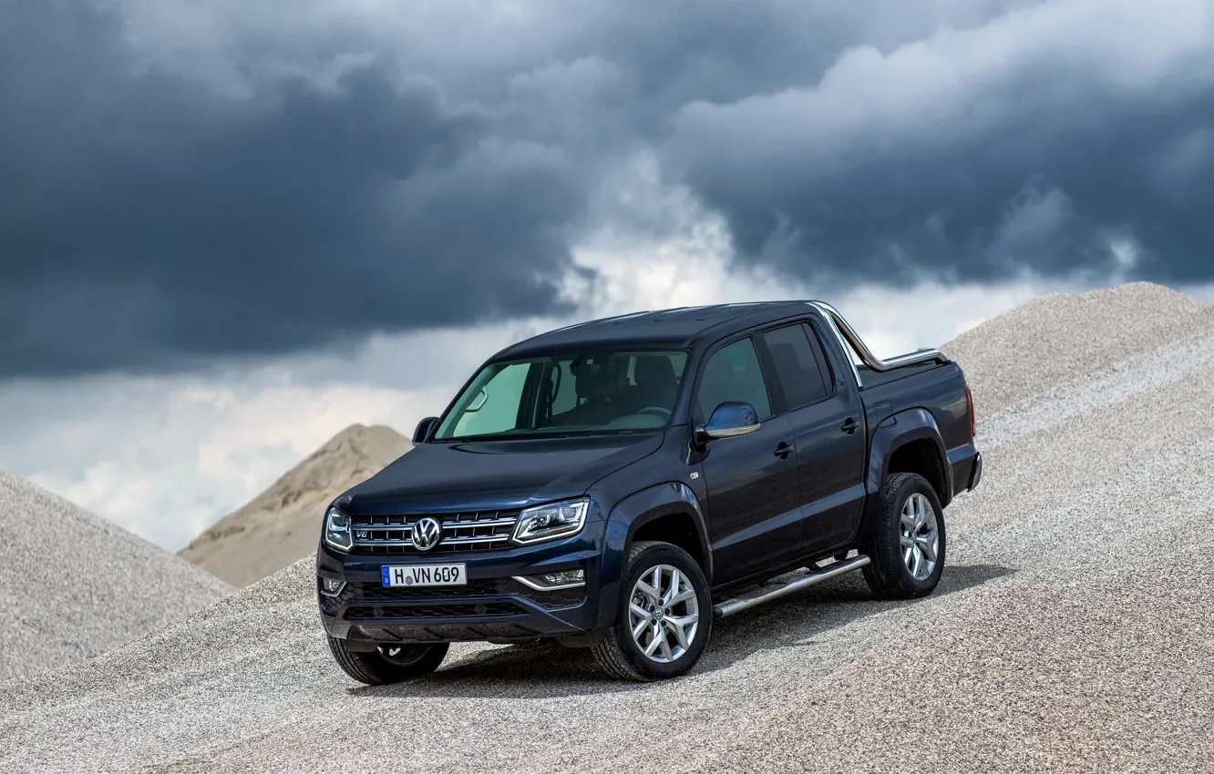 Фото обои Volkswagen, пикап, Amarok, Highline, Double Cab, тёмно-синий, 2016