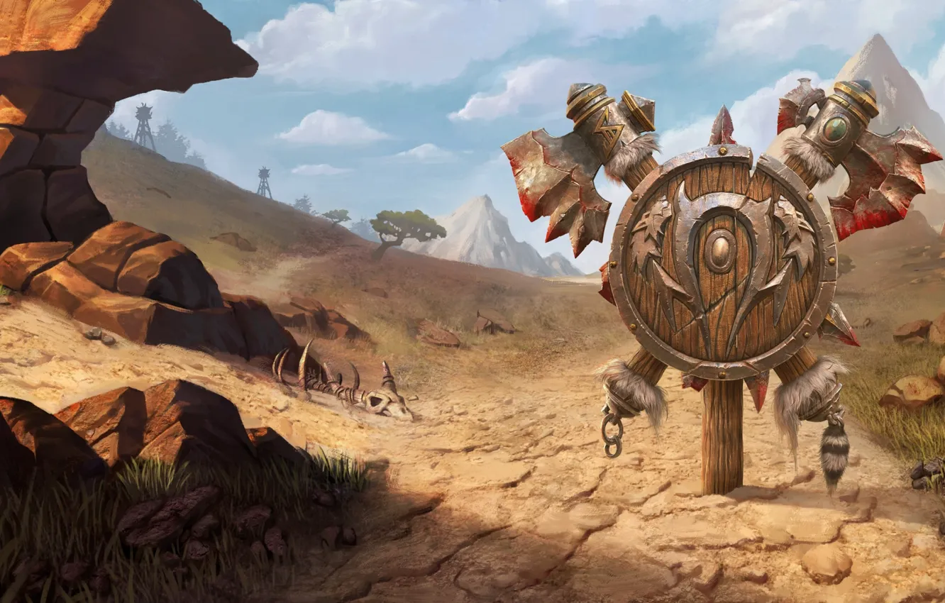 Фото обои World of Warcraft, game, desert, mountains, weapons, digital art, artwork, shield
