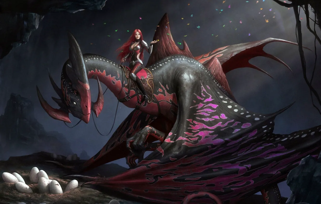 Фото обои dark, girl, fantasy, Dragon, horns, wings, rider, eggs