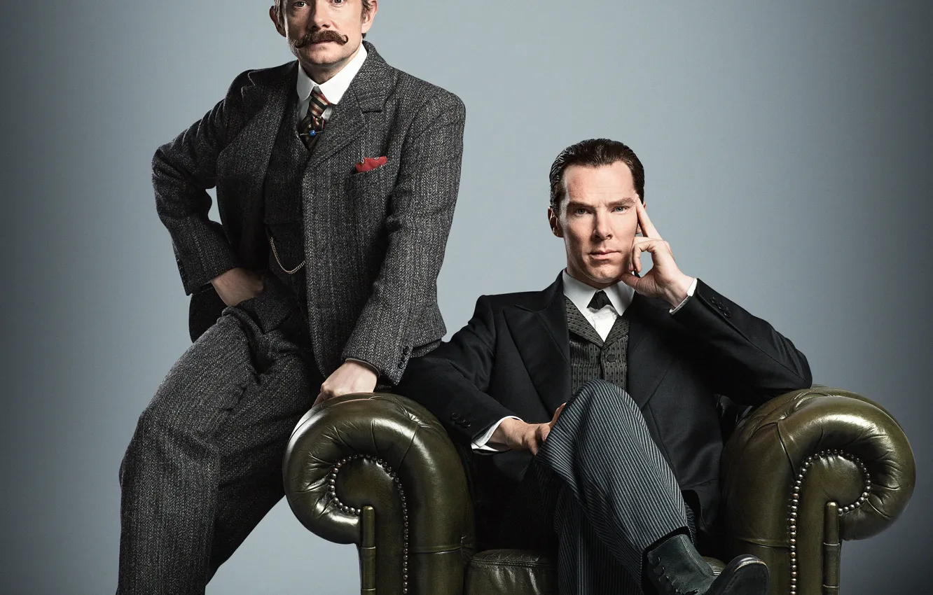 Фото обои фон, кресло, Шерлок Холмс, Мартин Фримен, Бенедикт Камбербэтч, Benedict Cumberbatch, Sherlock, Шерлок