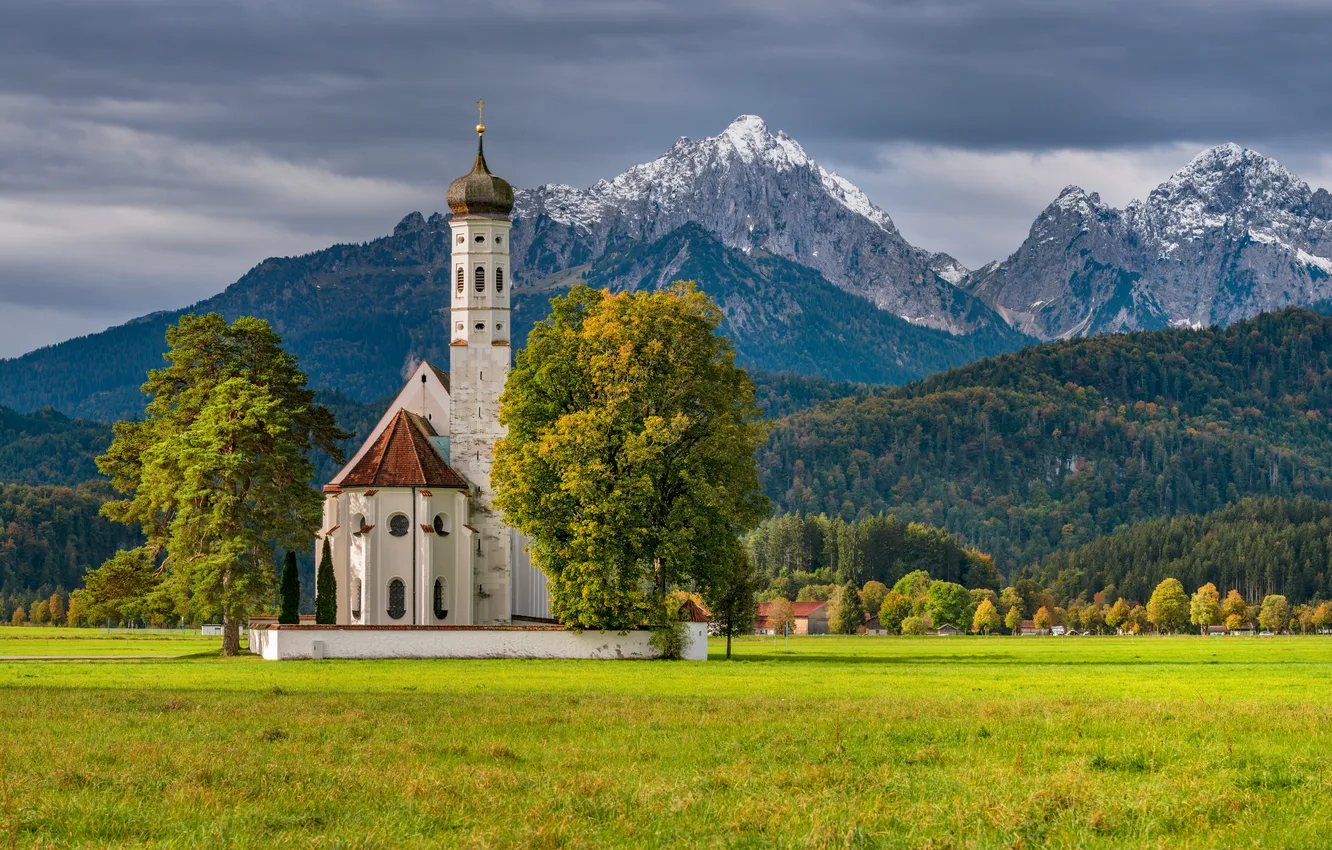Фото обои осень, лес, деревья, горы, Германия, Бавария, Альпы, церковь