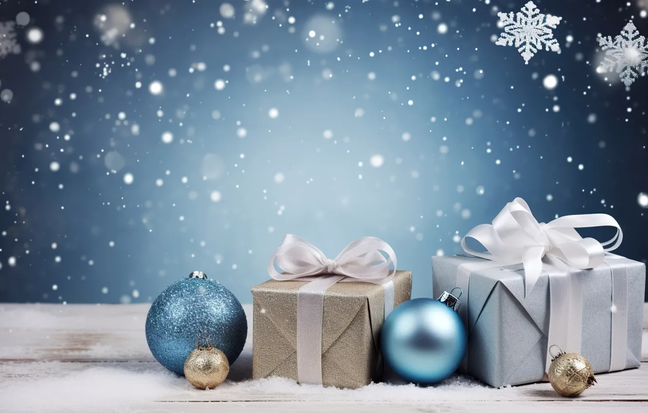 Фото обои зима, снег, украшения, шары, Новый Год, Рождество, подарки, new year