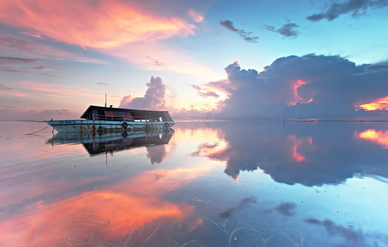 Фото обои море, пейзаж, закат, корабль