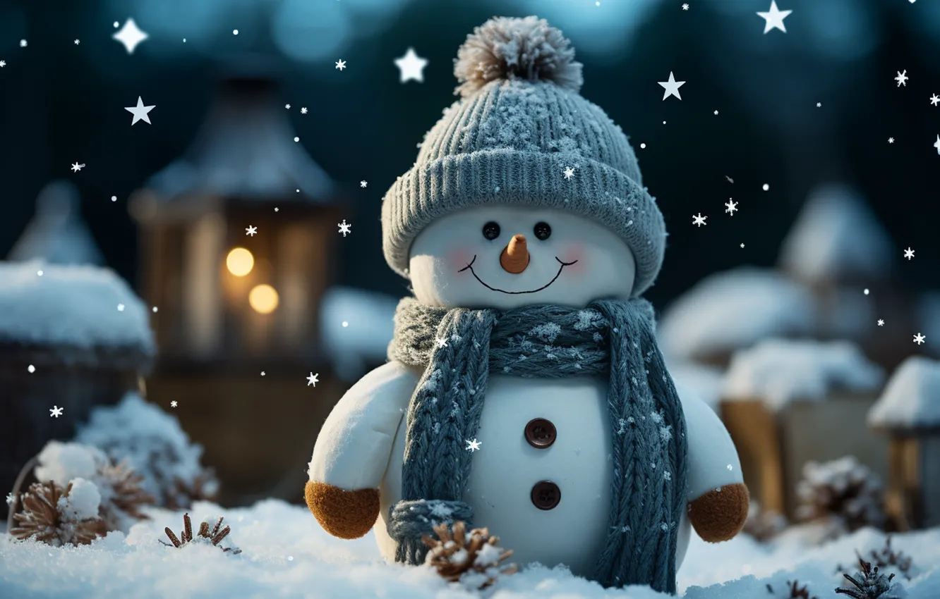 Фото обои зима, снег, новый год, Рождество, снеговик, Christmas, night, winter