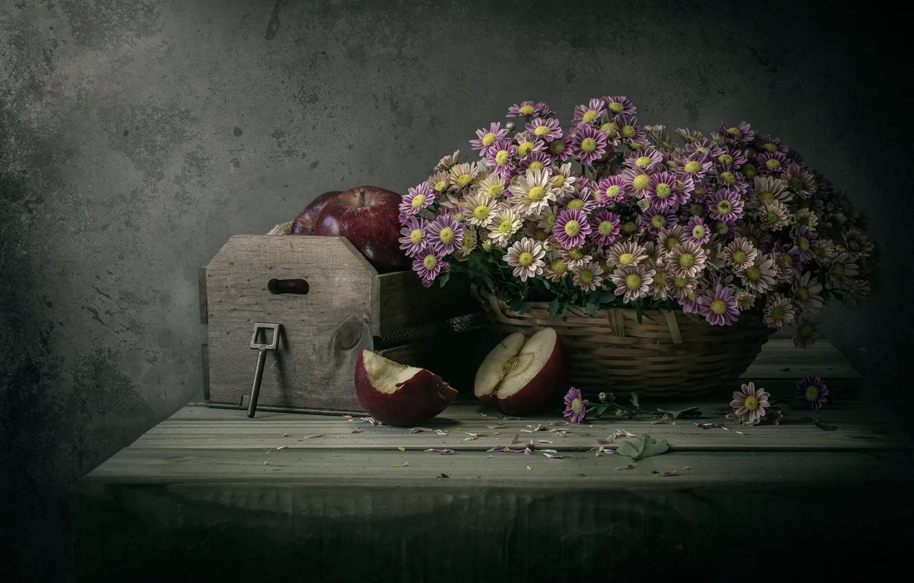 Фото обои цветы, яблоки, букет, ключ, натюрморт