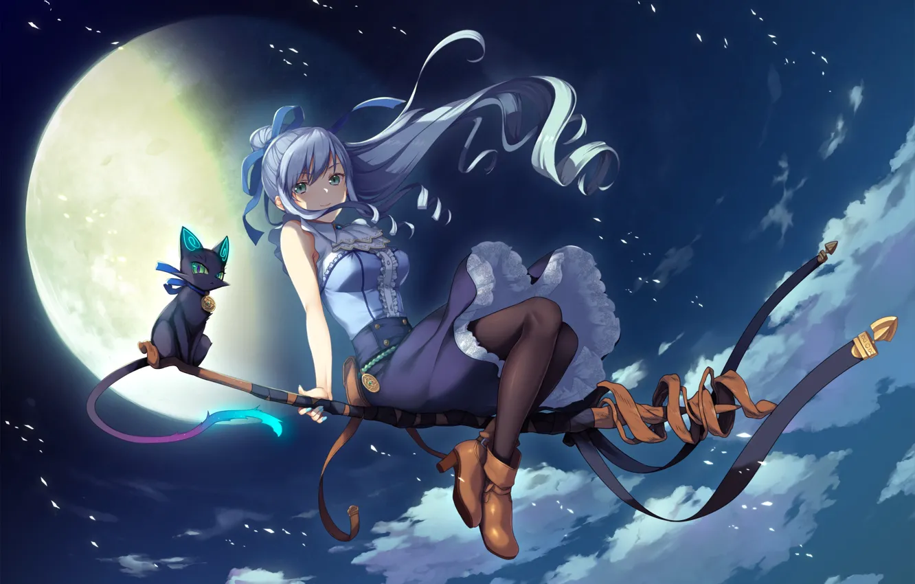 Фото обои кошка, девушка, ночь, луна, ведьма, метла, anime, games art