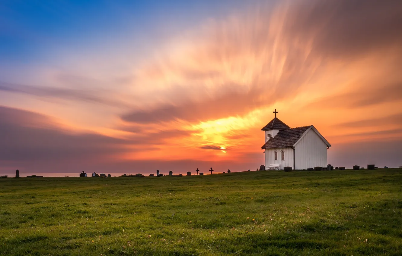 Фото обои закат, Норвегия, церковь, Varhaug