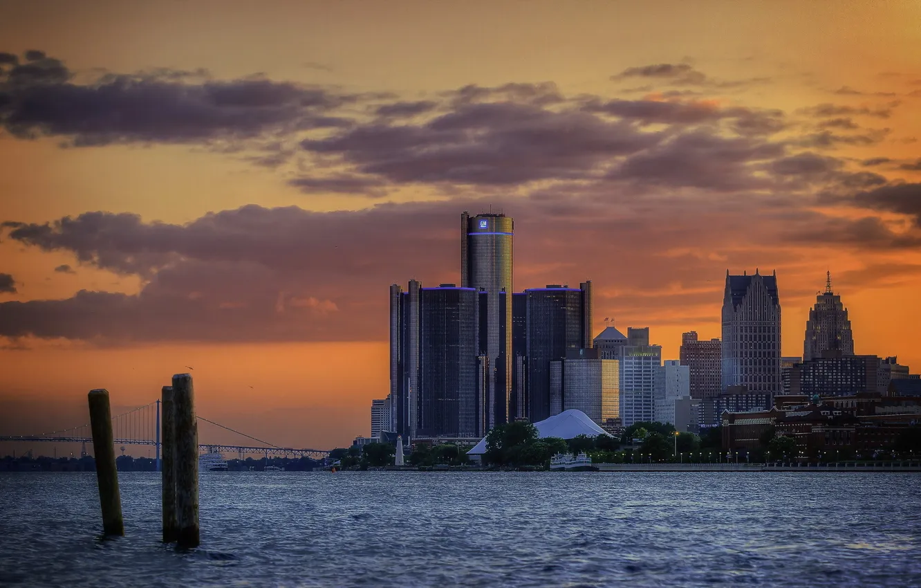 Фото обои city, river, sunset, detroit, michigan