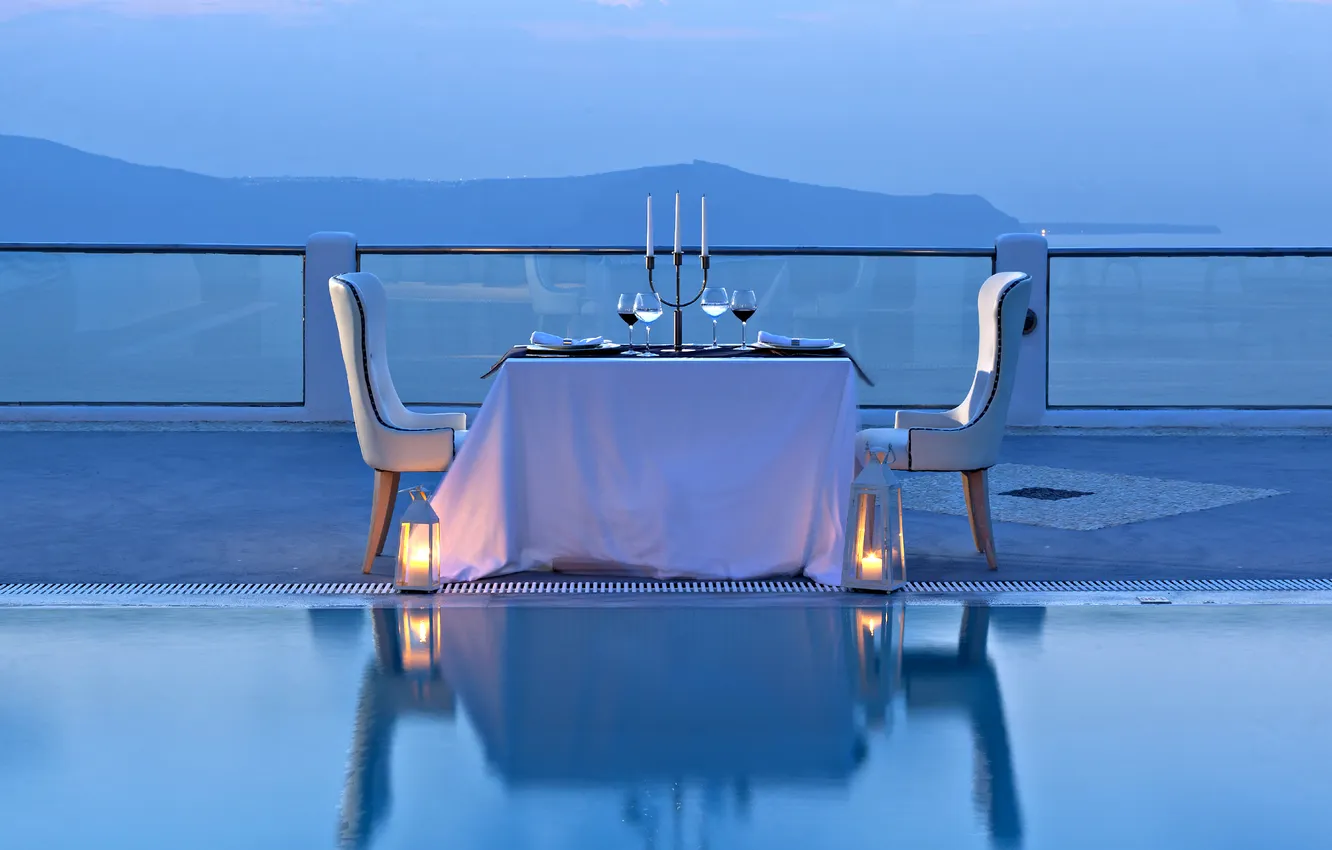 Фото обои океан, вино, романтика, вид, вечер, бассейн, бокалы, ужин