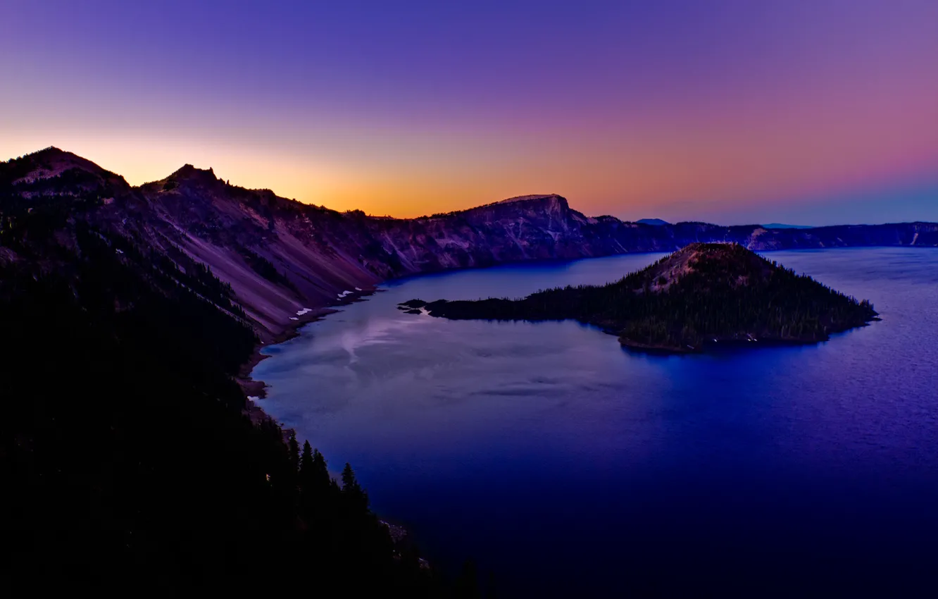 Фото обои закат, горы, озеро, остров, USA, Oregon, Crater Lake