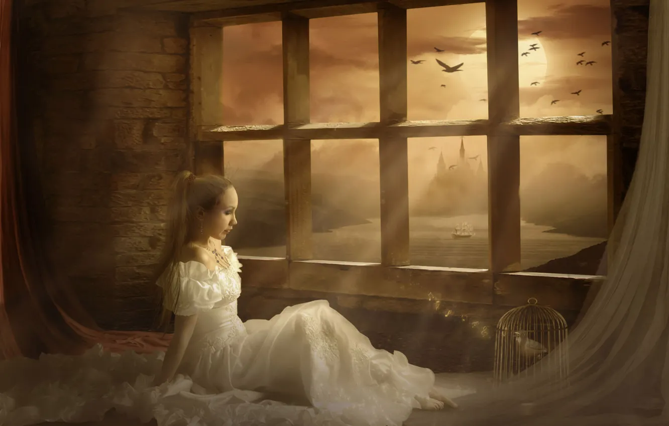 Фото обои девушка, замок, платье, окно, шторы
