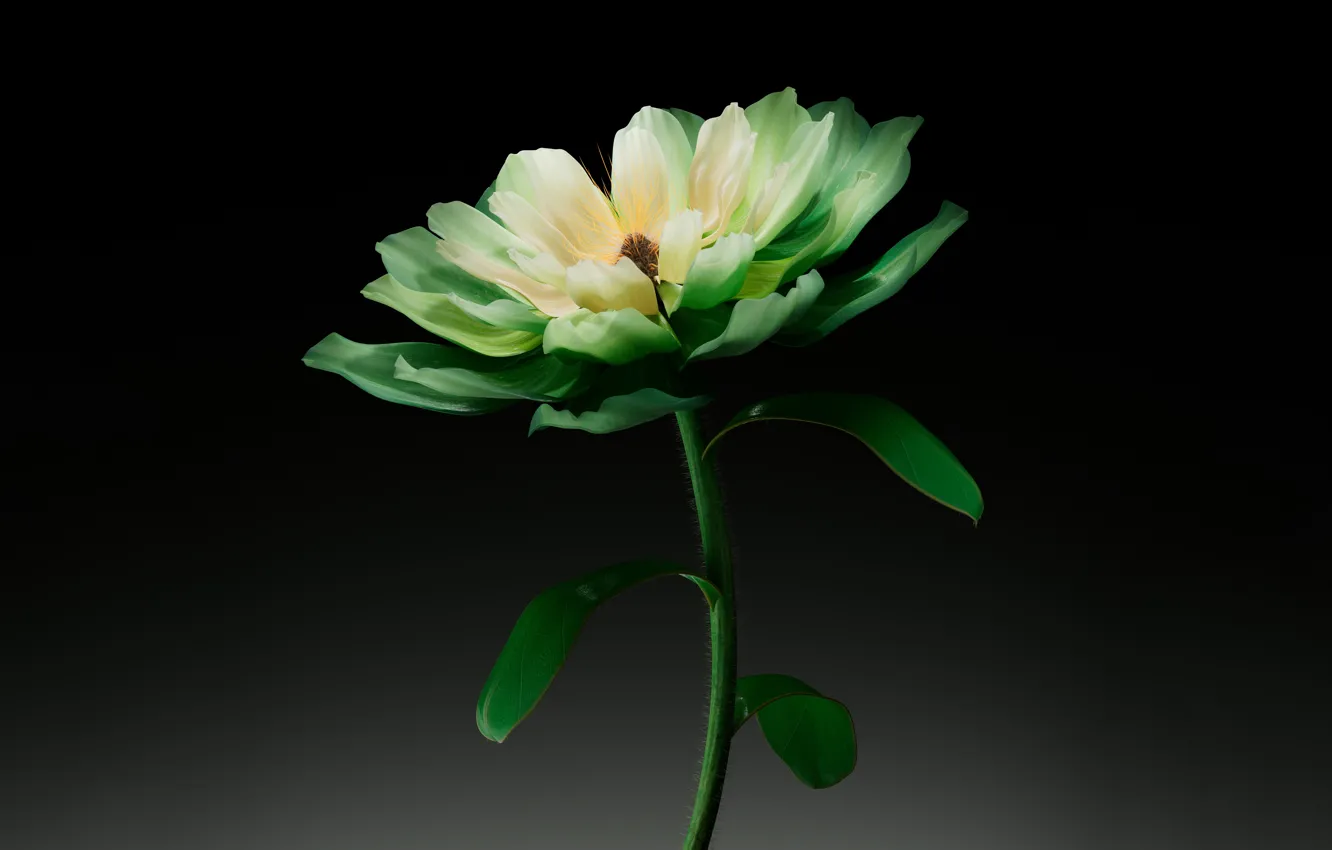 Фото обои Flowers, AI art, Dark background, Green flower, Digital flower