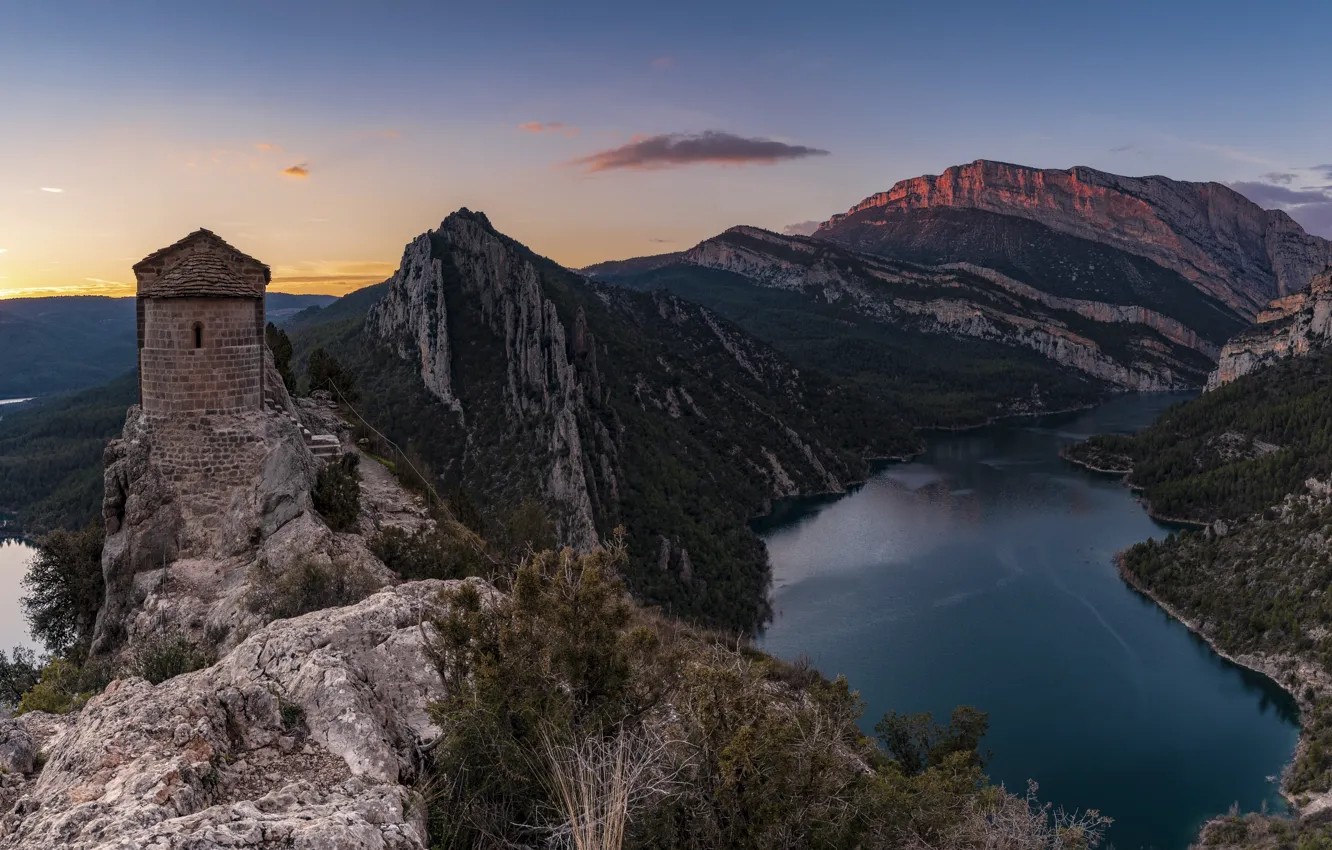 Фото обои пейзаж, закат, горы, природа, река, ущелье, Испания, Каталония