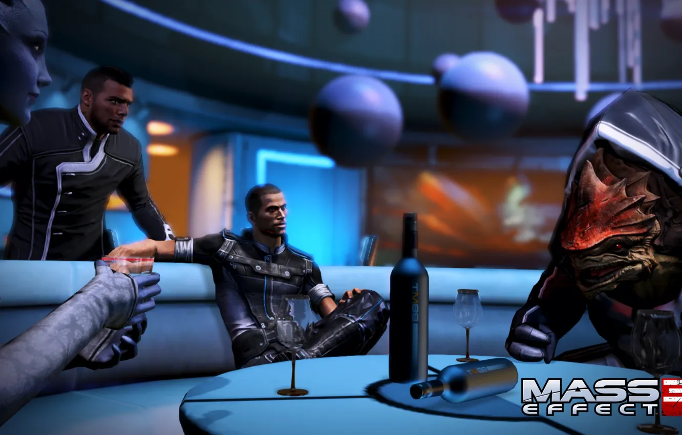Фото обои Шепард, Mass Effect 3, Урднот Рекс, DLC “Citadel”, Лиара Т'Сони, Выпивка, Джеймс Вега