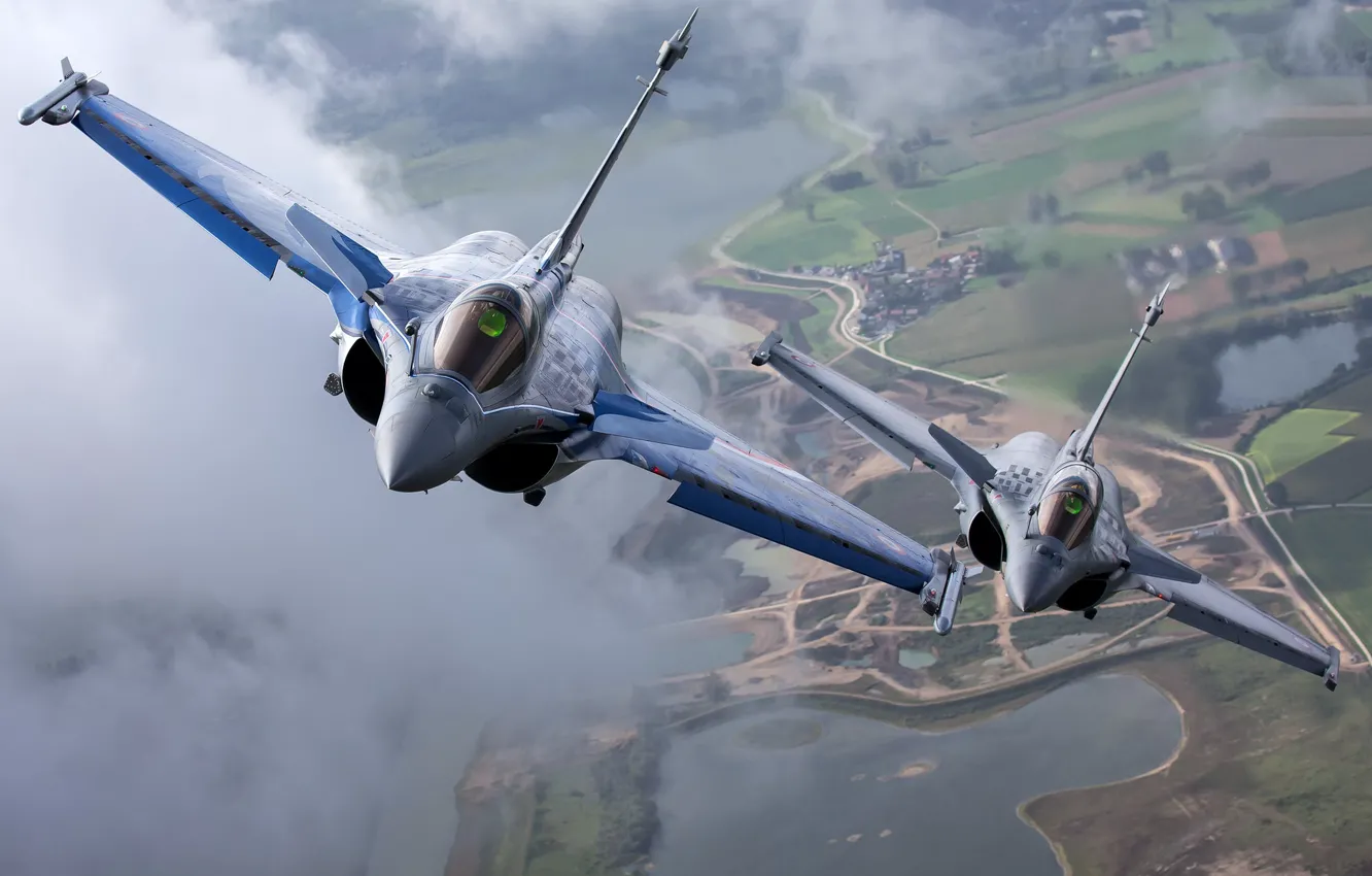 Фото обои пара, полёт, многоцелевой истребитель, Dassault Rafale