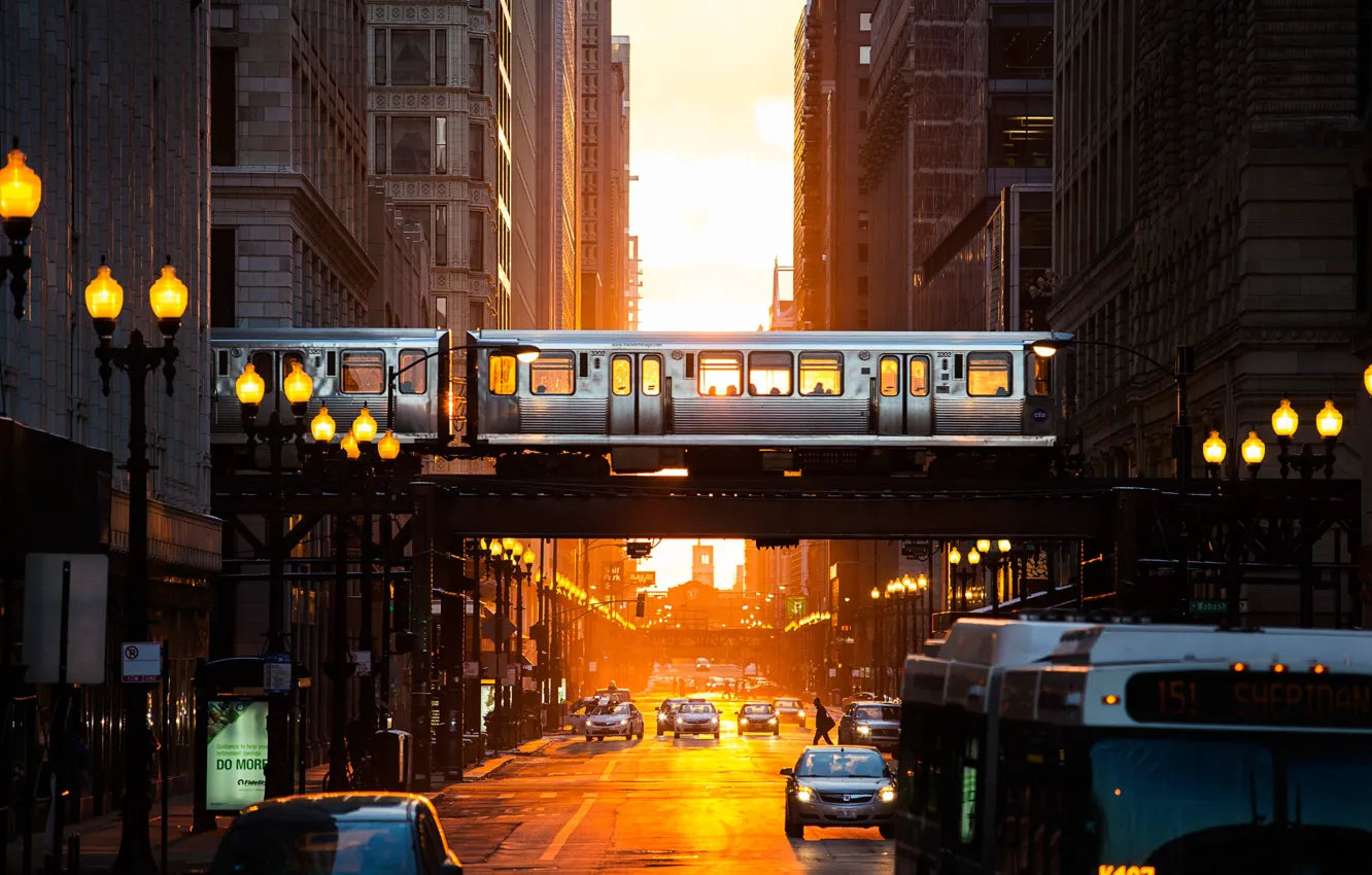 Фото обои свет, город, метро, улица, вечер, вагоны, Чикаго, США