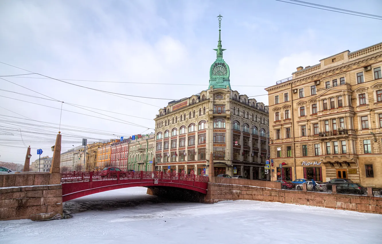Фото обои лед, зима, небо, мост, река, HDR, дома, Санкт-Петербург