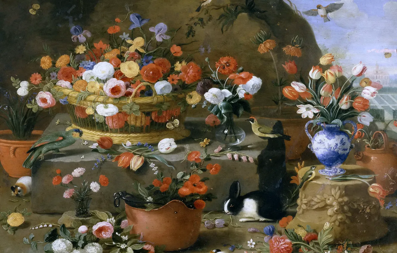 Фото обои животные, птицы, корзина, картина, ваза, Натюрморт с Цветами, Ян ван Кессель Старший