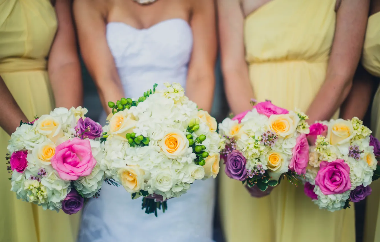 Фото обои цветы, платье, невеста, свадебные, букеты, подружки