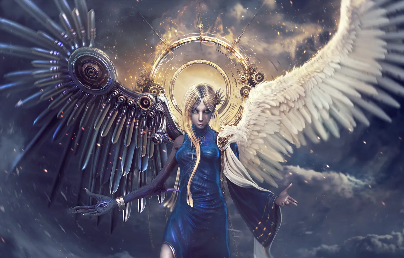 Фото обои небо, Девушка, крылья, ангел, демон