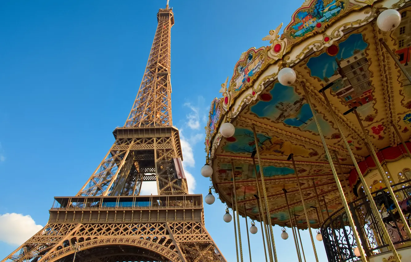 Фото обои небо, Франция, Париж, Эйфелева Башня, карусель, Paris, France, Eiffel Tower