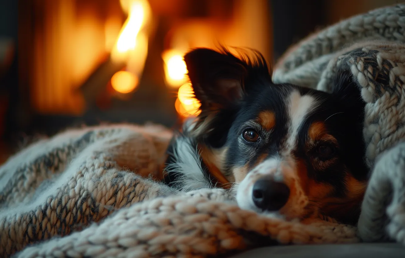 Фото обои взгляд, огни, уют, тепло, пламя, собака, лежит, камин