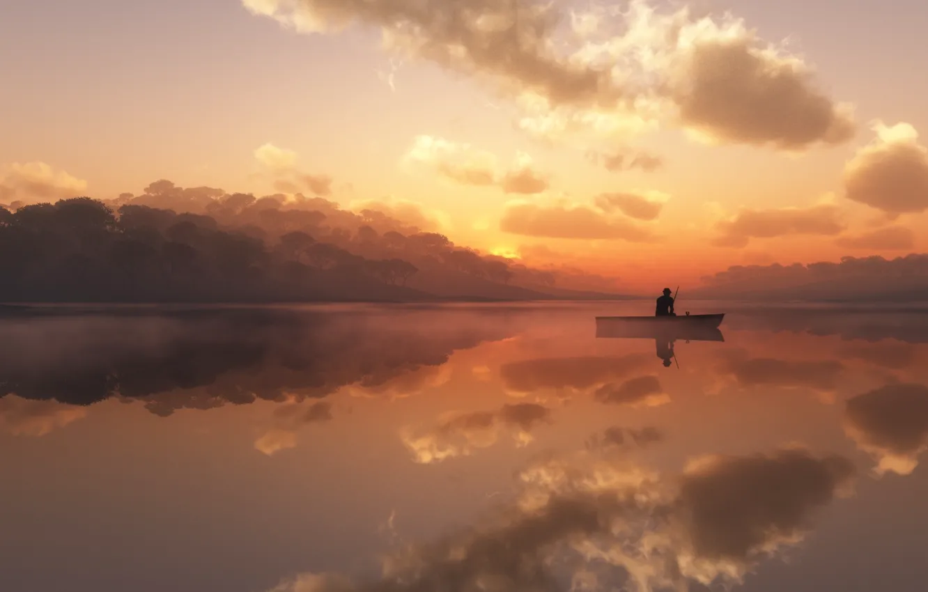 Фото обои туман, озеро, лодка, рыбак