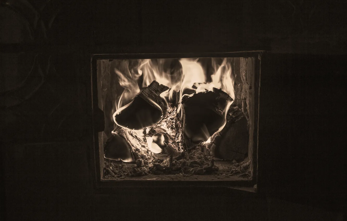 Фото обои огонь, дрова, чёрно - белое., Печь