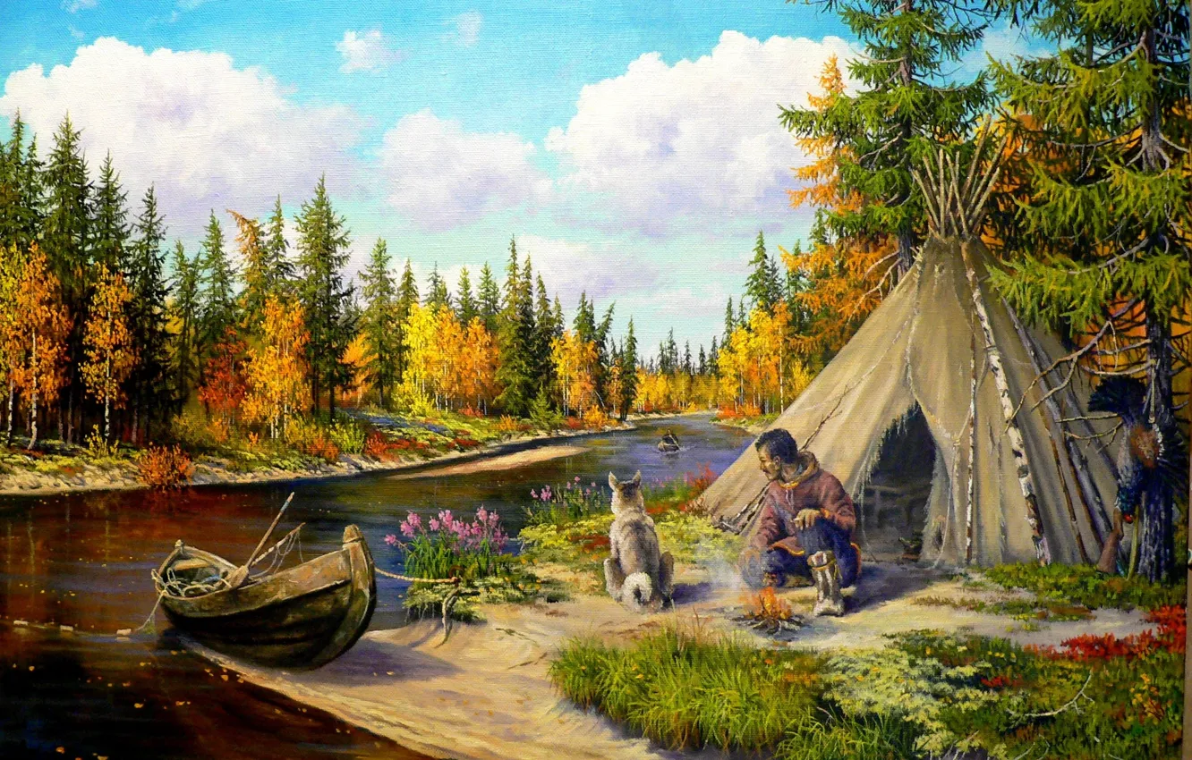 Фото обои природа, река, лодка, собака, арт, тайга, охотник, Андрей Лях