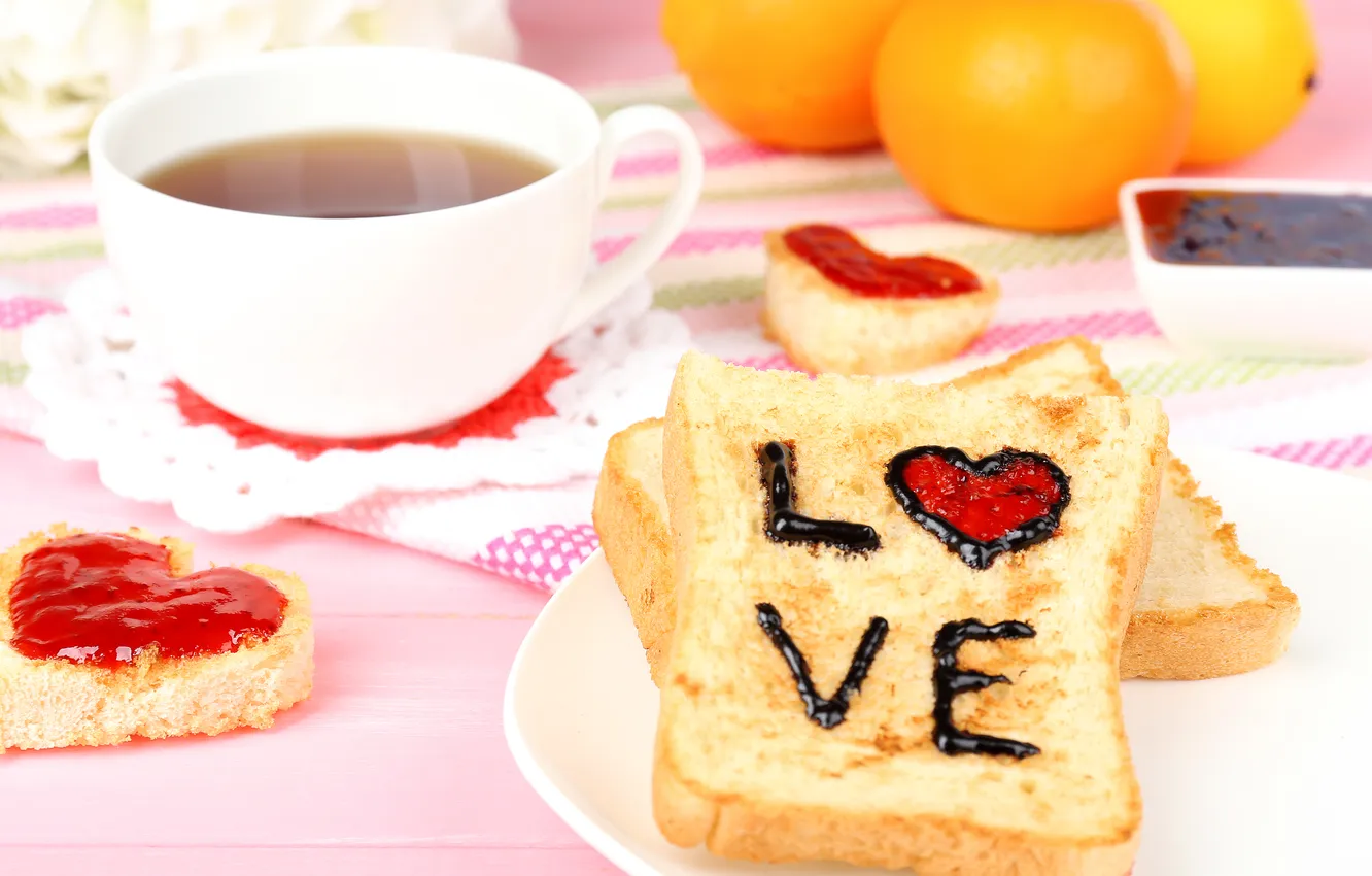 Фото обои чай, апельсины, кружка, love, напиток, джем, тосты