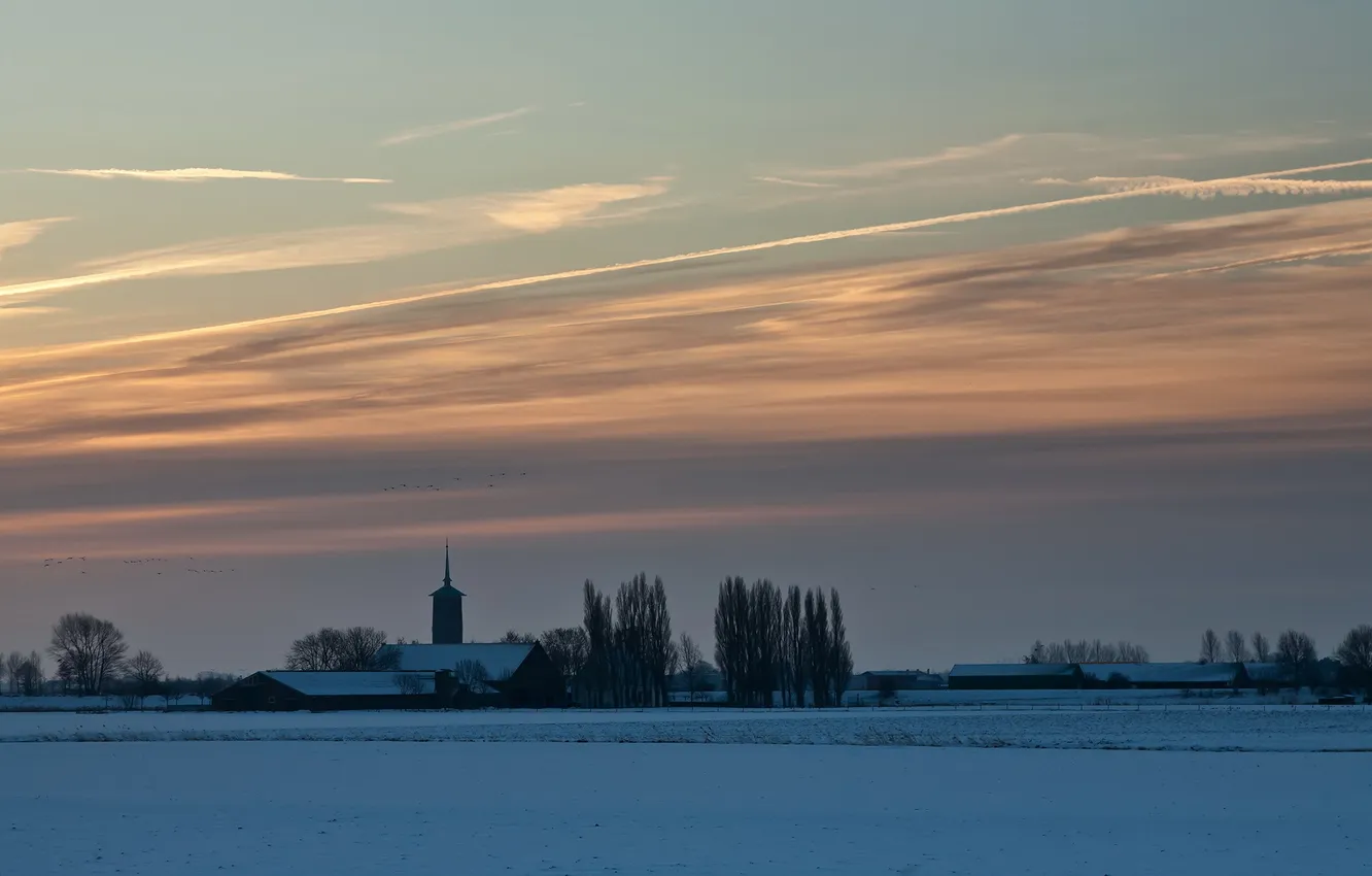 Фото обои зима, поле, закат, храм