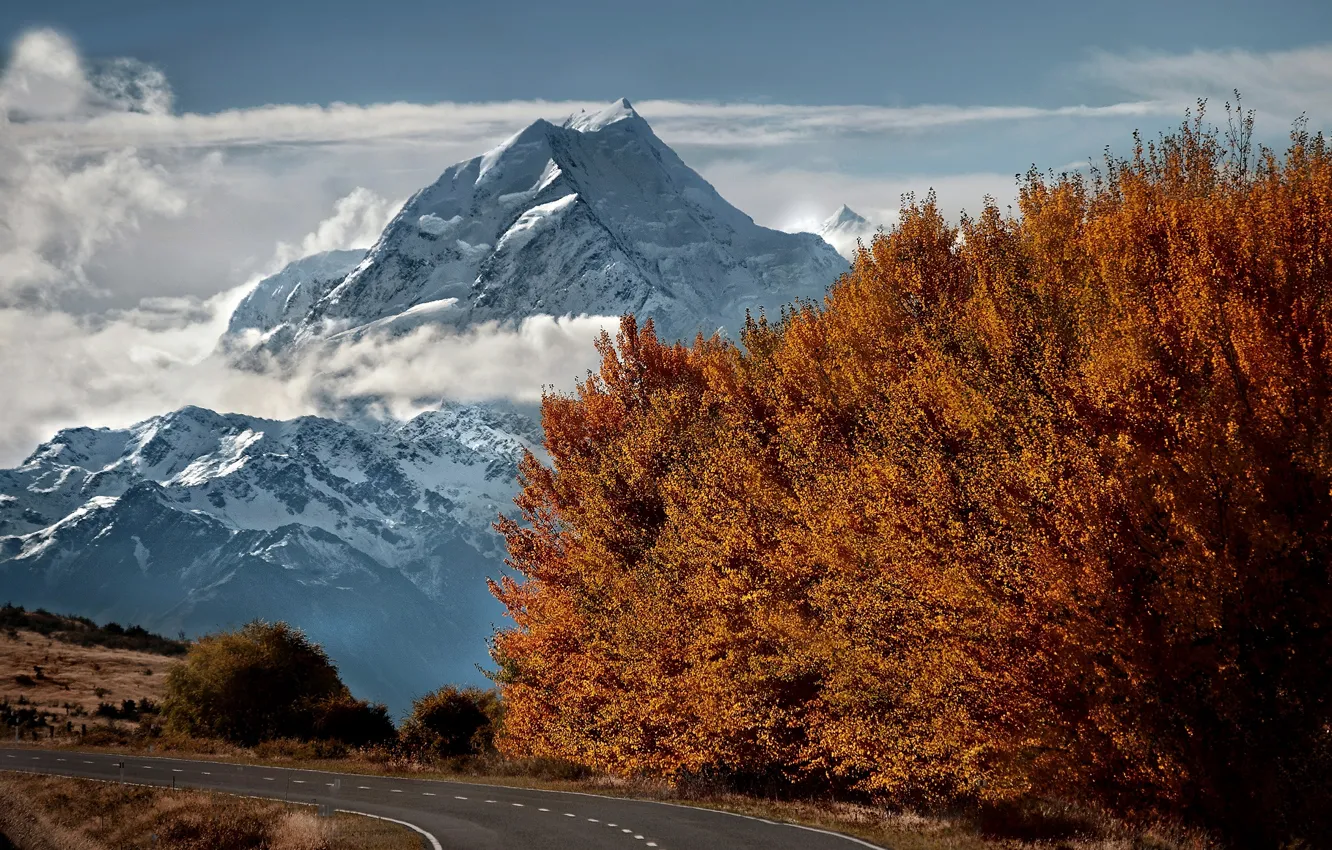 Фото обои дорога, осень, снег, деревья, горы, вершина