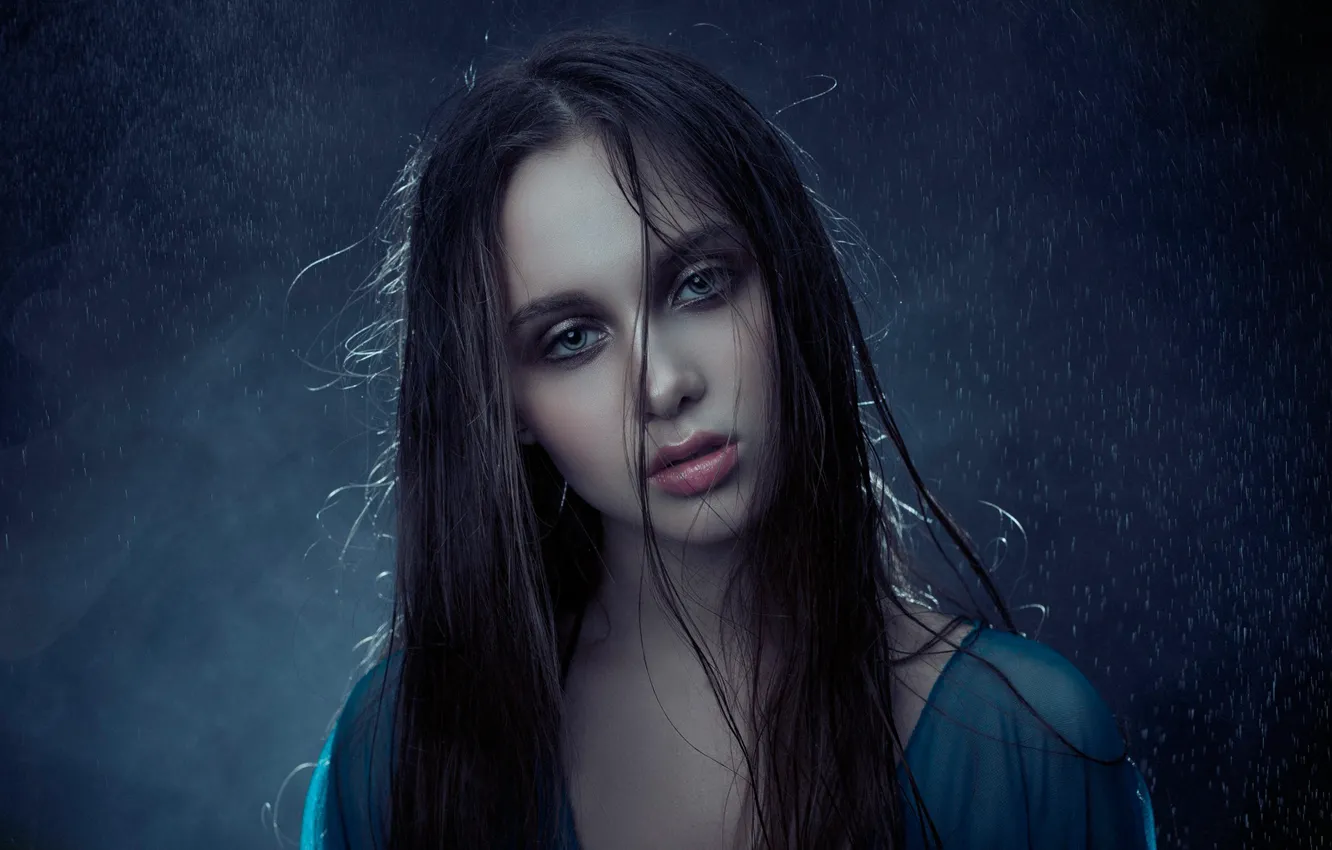 Фото обои взгляд, лицо, дождь, портрет, длинные волосы, Настя, Yuri Egoroff