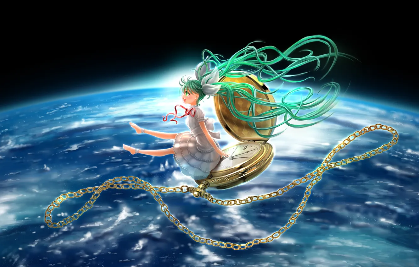 Фото обои девушка, космос, земля, часы, планета, арт, лента, цепочка