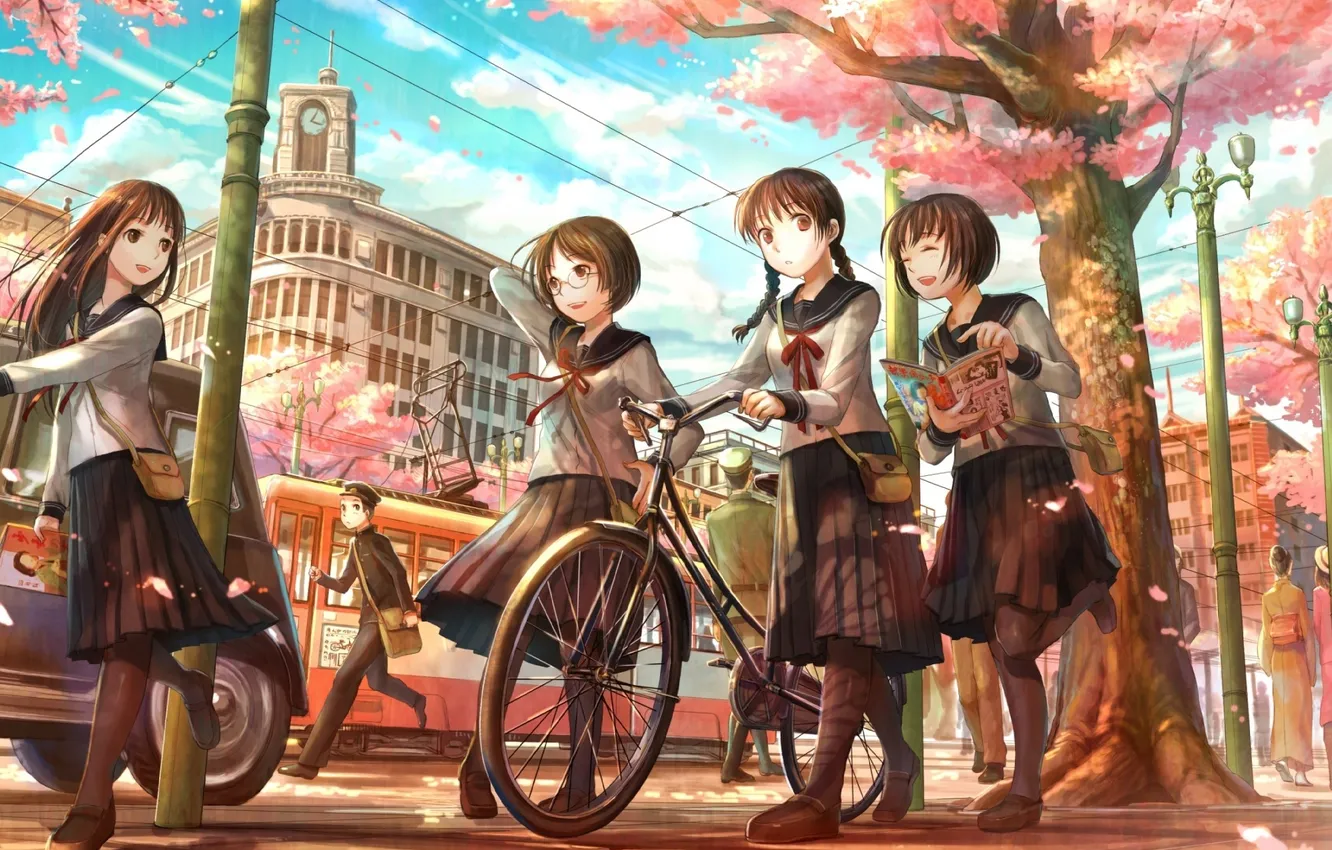 Фото обои дорога, велосипед, город, настроение, весна, книга, компания, школьницы