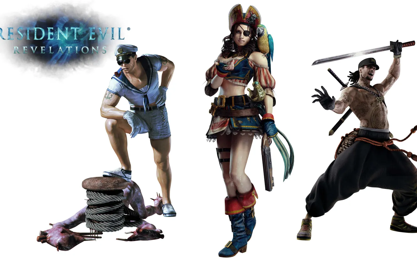 Фото обои девушка, оружие, птица, меч, тату, очки, дробовик, pirate