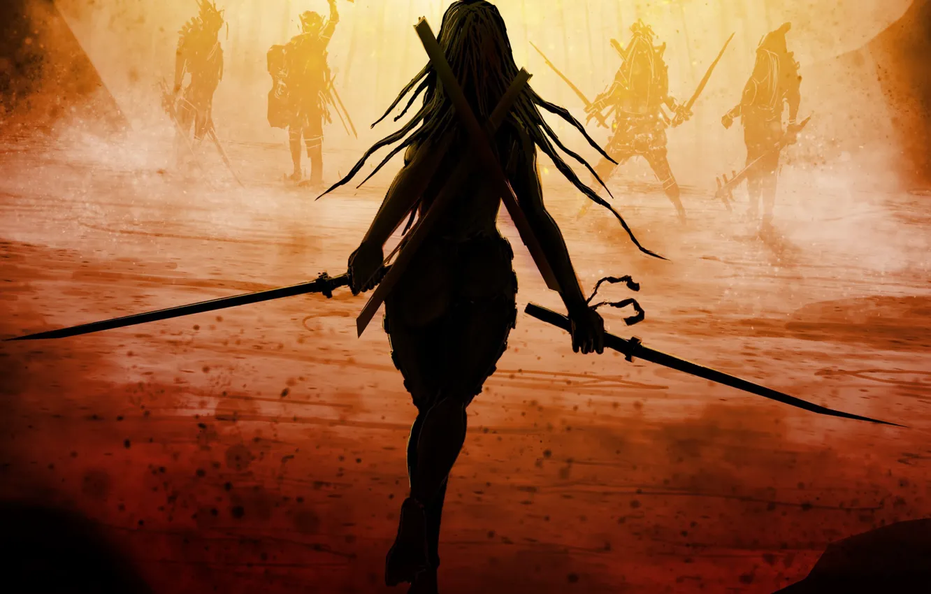 Фото обои девушка, оружие, фантастика, спина, мечи, длинные волосы, враги