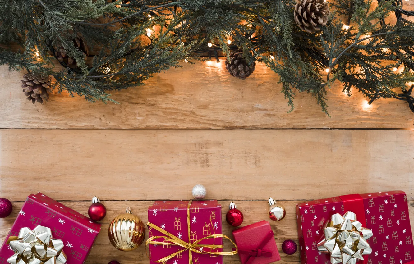 Фото обои украшения, Новый Год, Рождество, подарки, гирлянда, Christmas, wood, New Year
