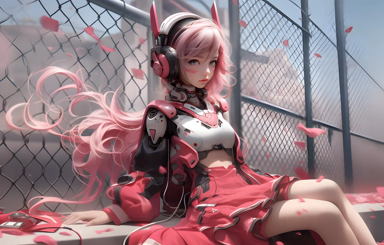 Фото обои long hair, headphones, fence, women, digital art, petals, sitting, looking at viewer