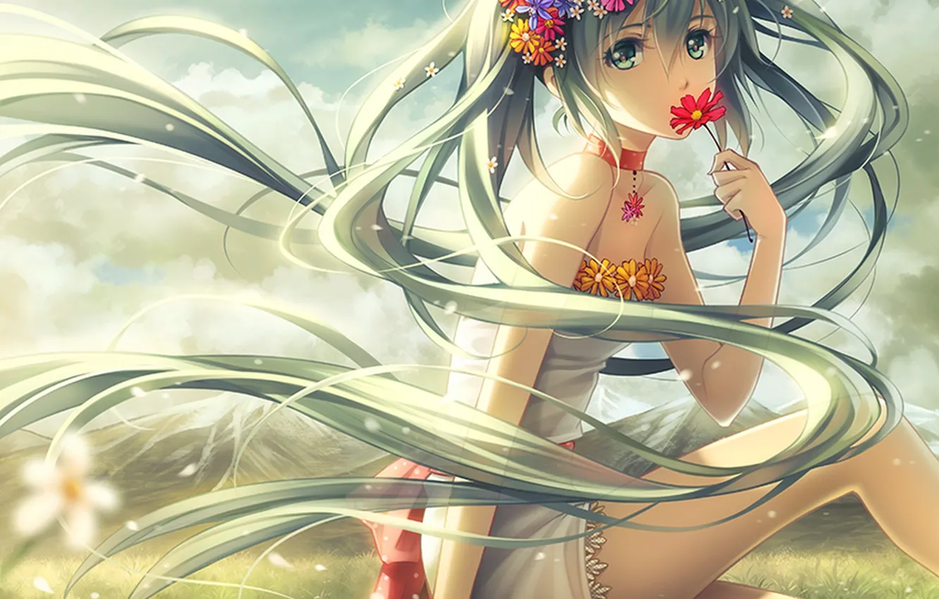Фото обои цветы, венок, hatsune miku, горы, арт, природа, аниме, tidsean, девушка, vocaloid