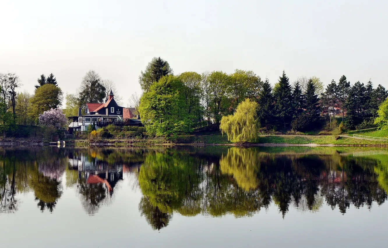 Фото обои зелень, вода, природа, город, озеро, дом, пруд, отражение