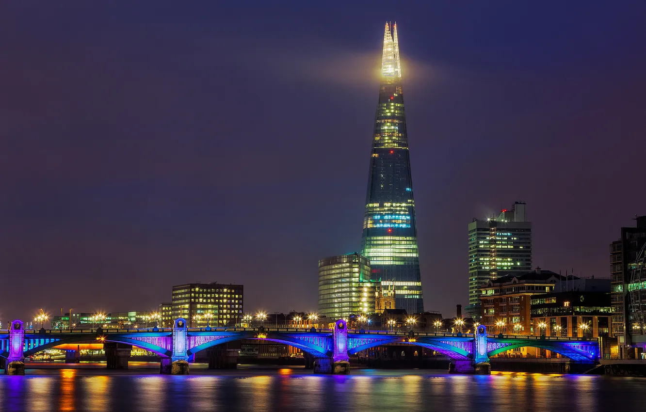 Фото обои ночь, мост, город, река, Англия, Лондон, здания, освещение
