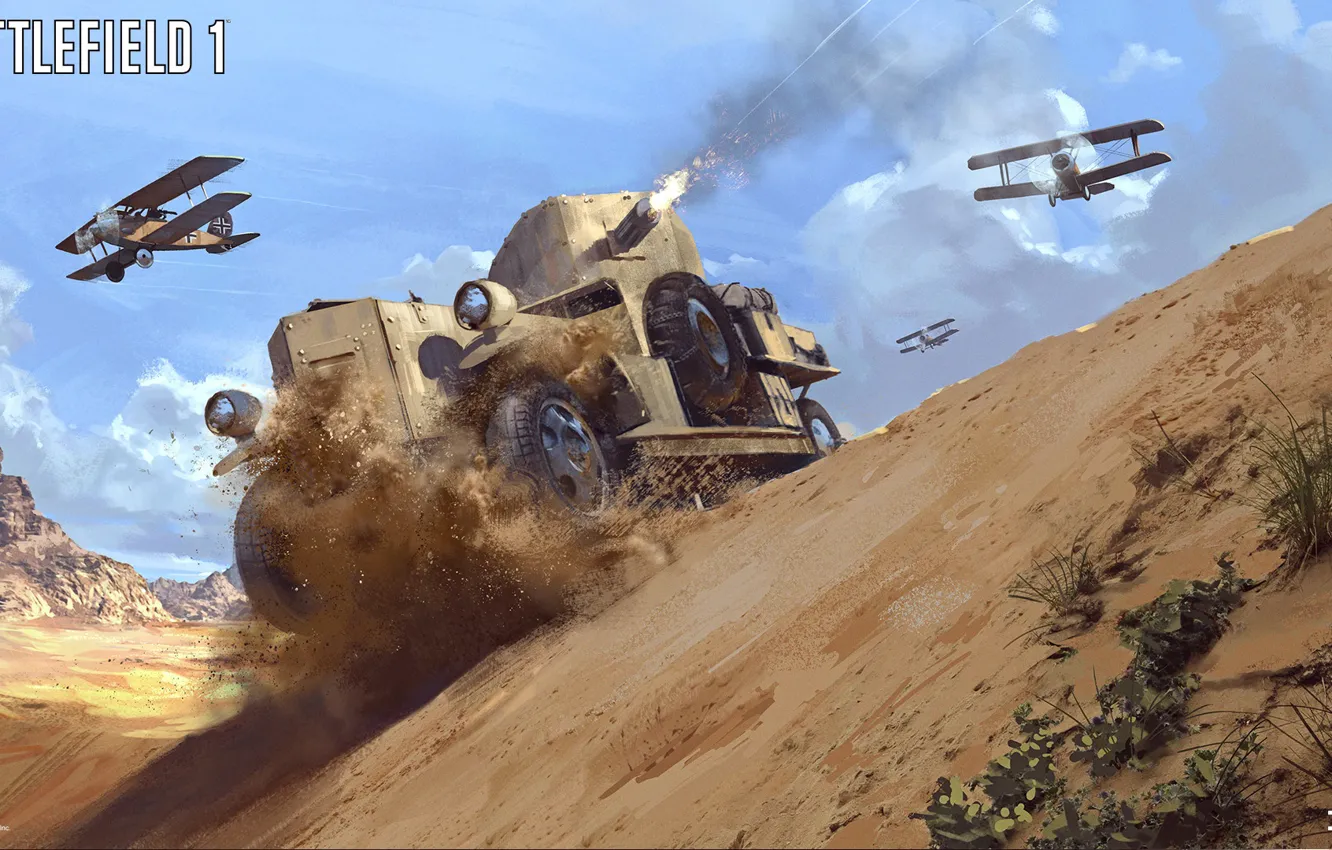 Фото обои горы, пустыня, самолёт, броневик, Battlefield 1