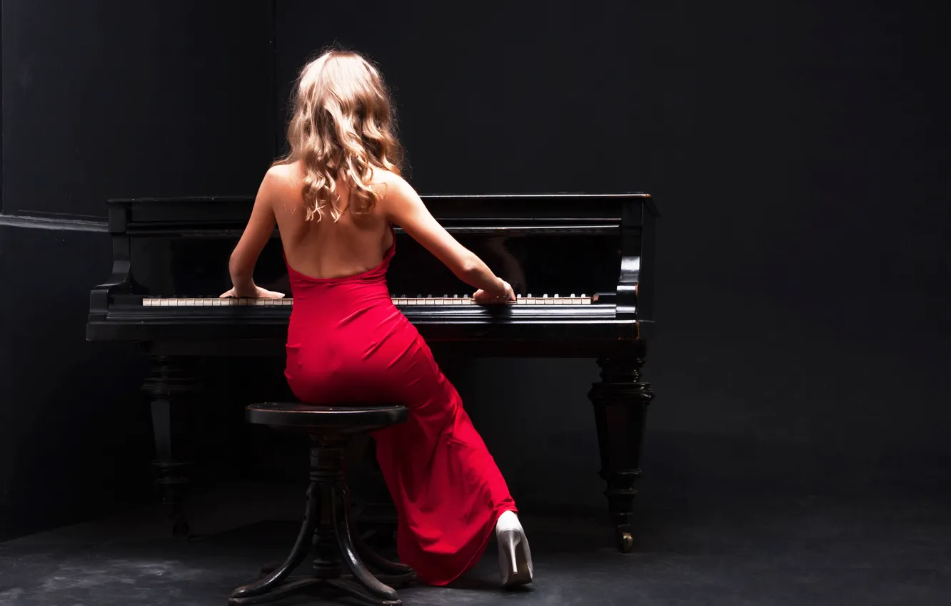 Фото обои девушка, красное, спина, платье, пианино, dress, локоны, piano