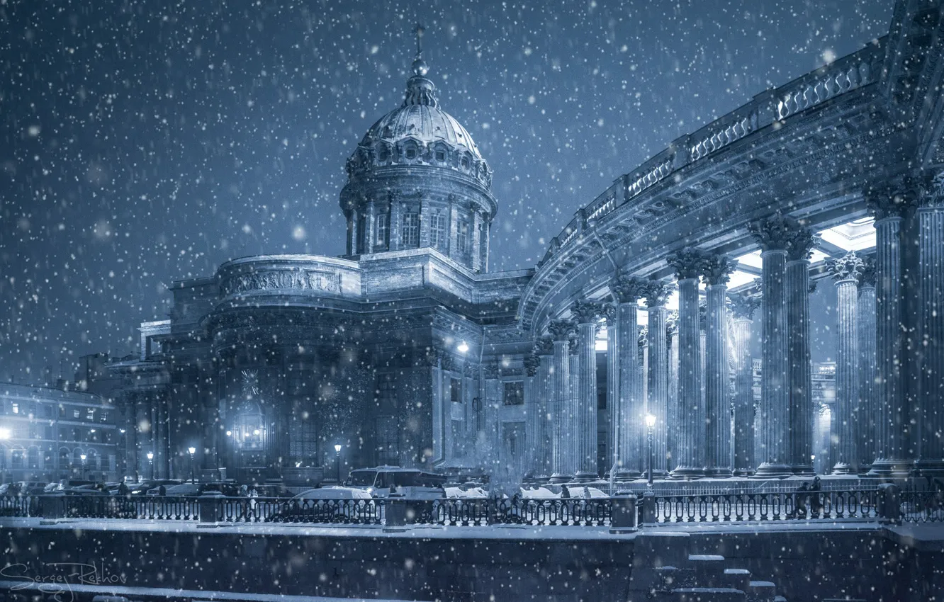 Фото обои зима, снег, Санкт-Петербург, храм, Россия, Казанский собор, набережная, колоннада
