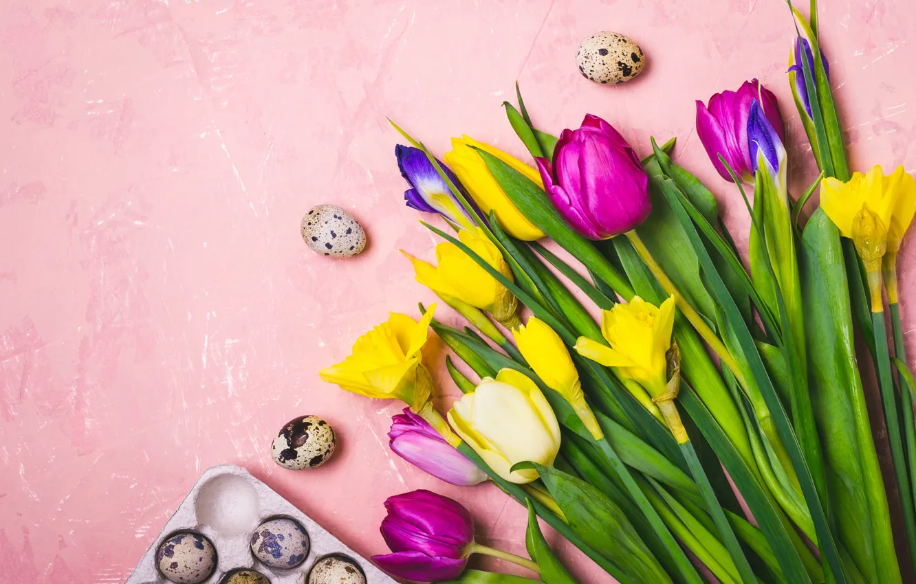 Фото обои цветы, яйца, весна, colorful, Пасха, тюльпаны, happy, yellow
