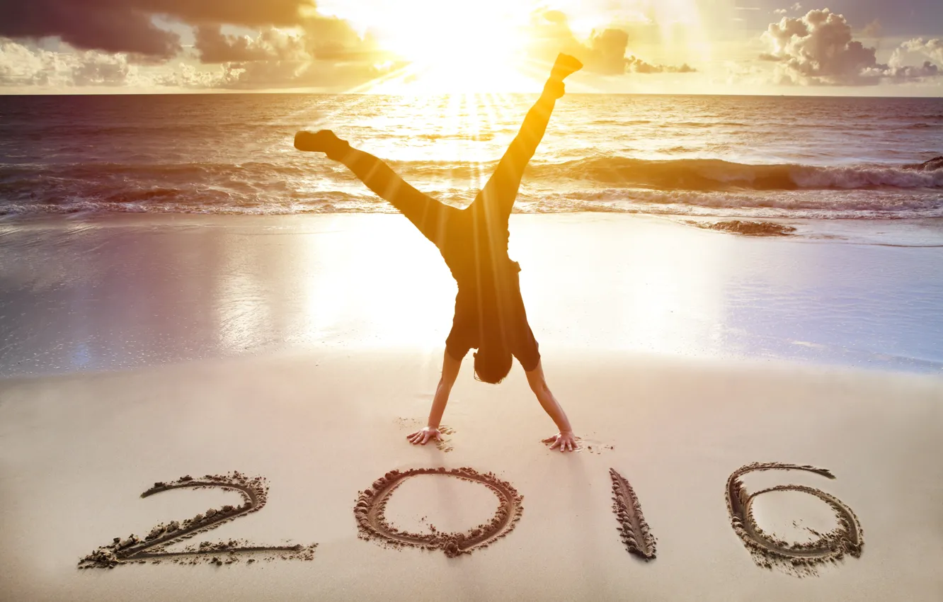 Фото обои песок, пляж, закат, Новый Год, New Year, Happy, 2016